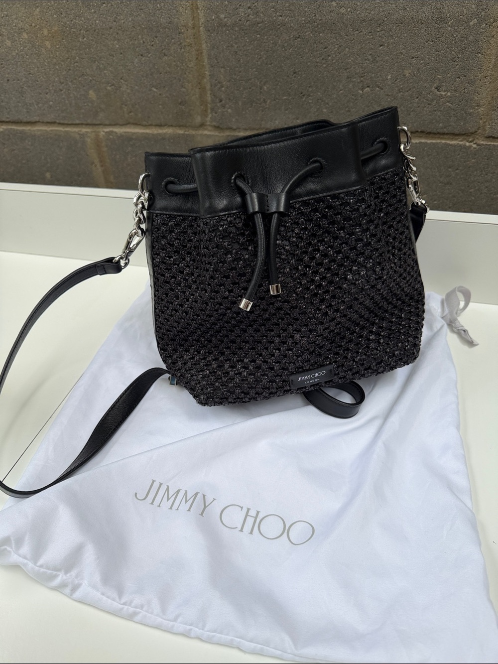Jimmy Choo Black Woven Leather Drawstring Crossbody Bucket Bag